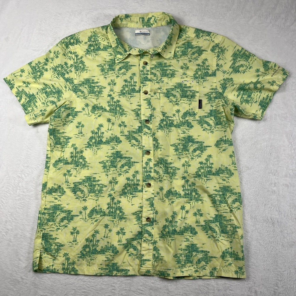 Columbia PFG Super Slack Tide Camp Shirt Men L Green Fishing Ocean Palm Tree AOP